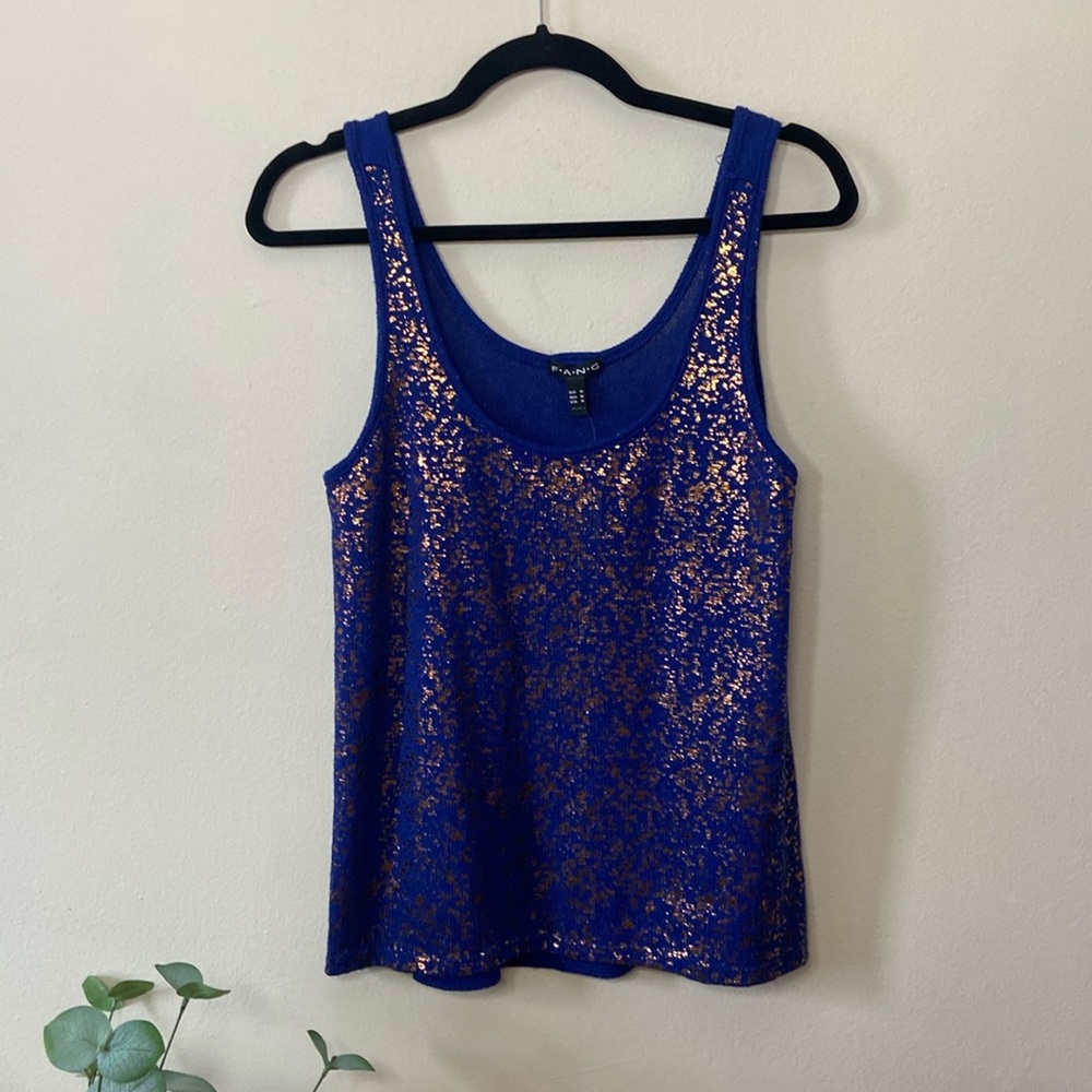 FANG Royal Blue Metallic Knit Tank Top Gold Shimmer Swing Sleeveless Scoop Neck